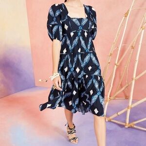 Ulla Johnson Spring Nora Dress Indigo blue Midi quilted tiered puff sleeve sz 0